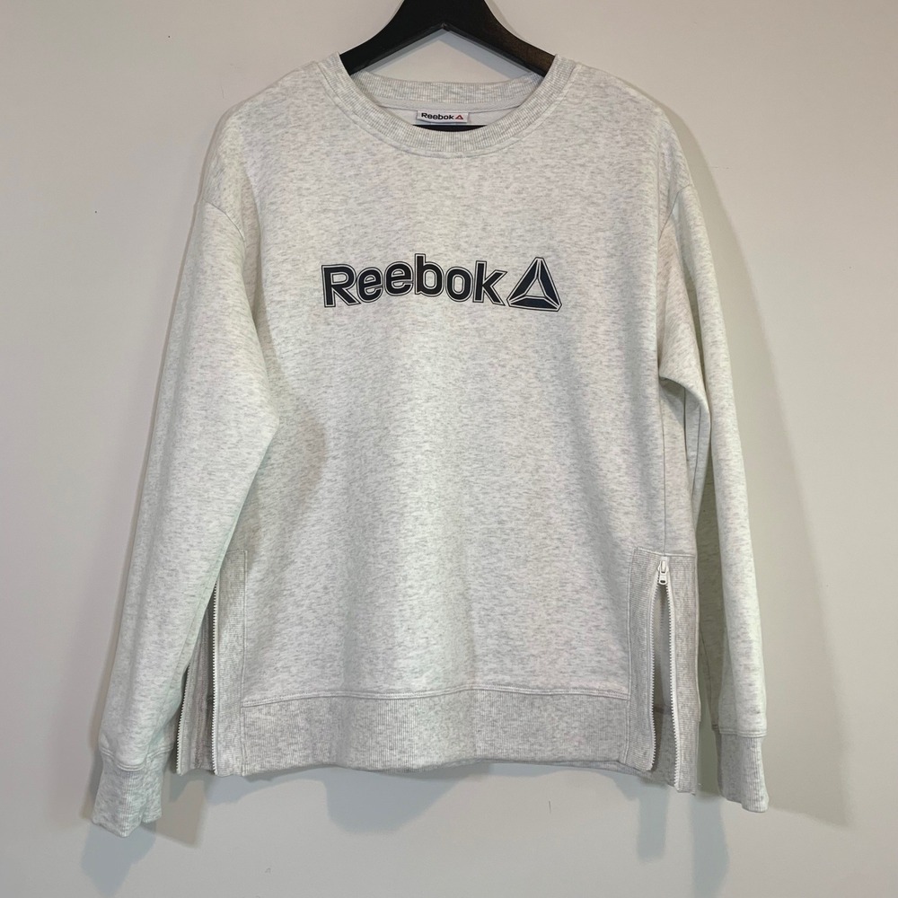 Reebok Womens Heather Grey Side Zip Fleece Sweatshirt Logo Pullover M NEW